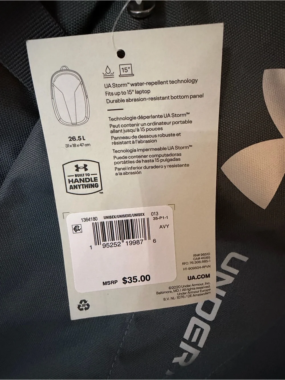 Under Armour Grey Padded Laptop Backpack with Storm Tech